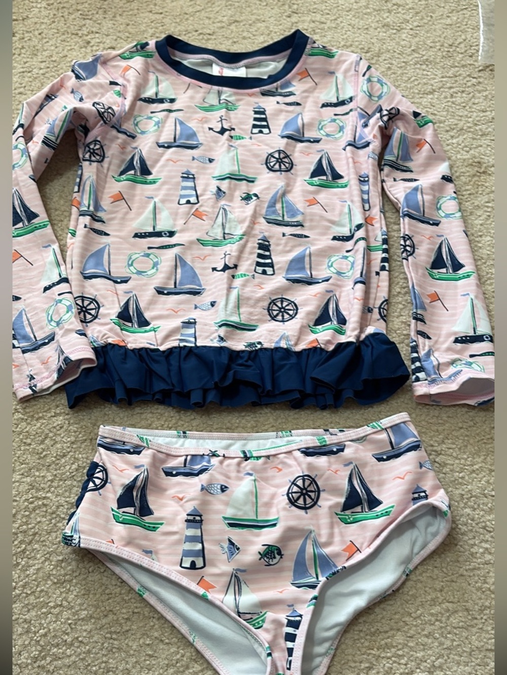 Girls' Ruffle Butts Pink Nautical Two-Piece Swim Set with Navy Ruffle Size 10